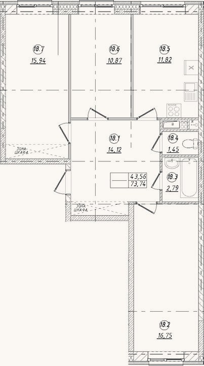Планировка: 3-к, 73,7 м²
