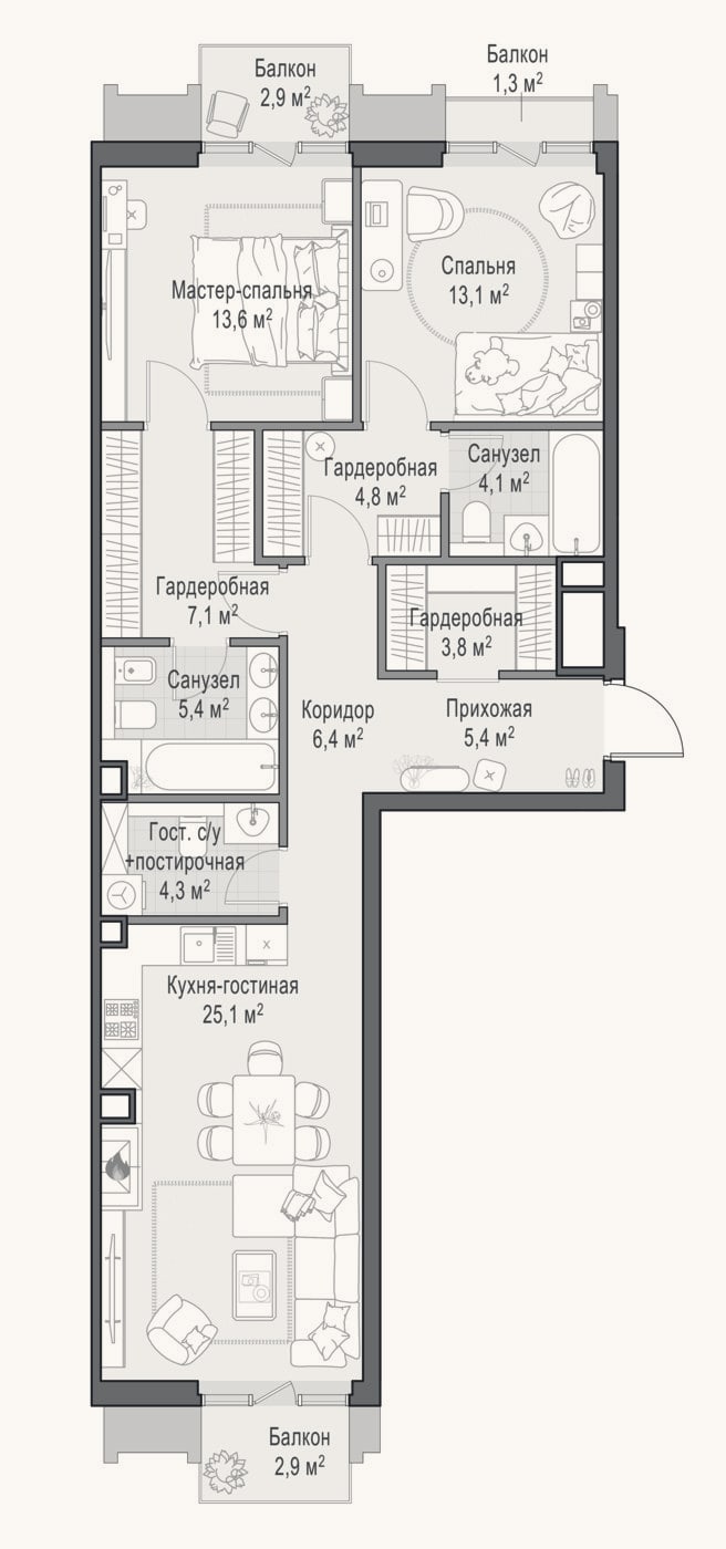 Планировка: 3-к, 94,4 м²