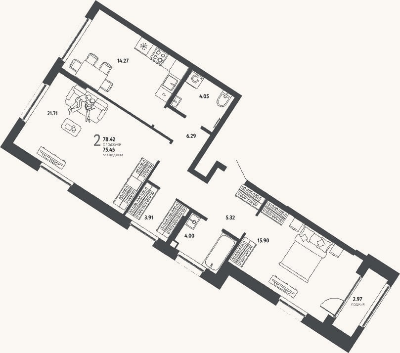 Планировка: 2-к, 75,5 м²