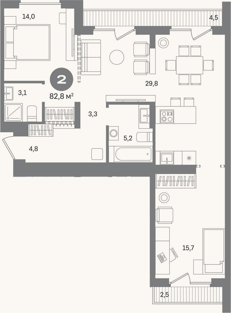 Планировка: 2-к, 75,8 м²