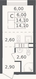 Планировка: Студия, 14,1 м²