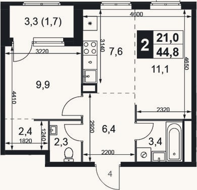 Планировка: 2-к, 43,1 м²
