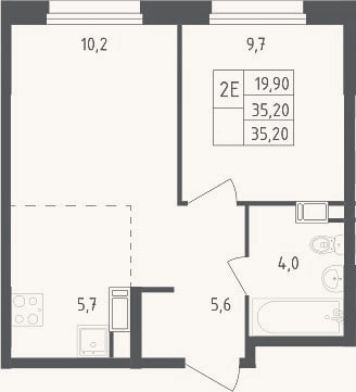 Планировка: 2-к, 35,2 м²