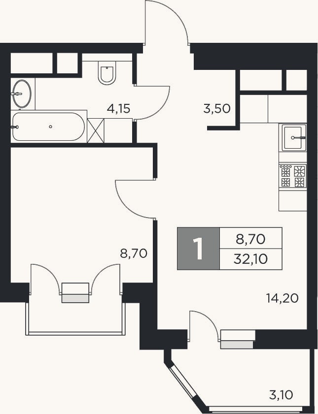 Планировка: 1-к, 30,6 м²