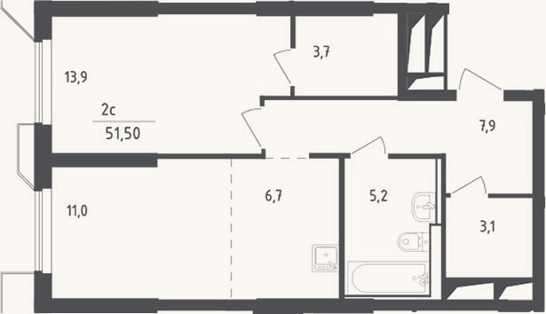 Планировка: 2-к, 51,5 м²
