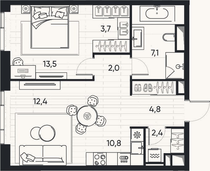 Планировка: 2-к, 56,6 м²