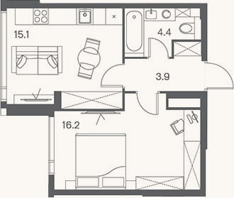 Планировка: 1-к, 39,6 м²