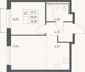 Планировка: 2-к, 38,1 м²