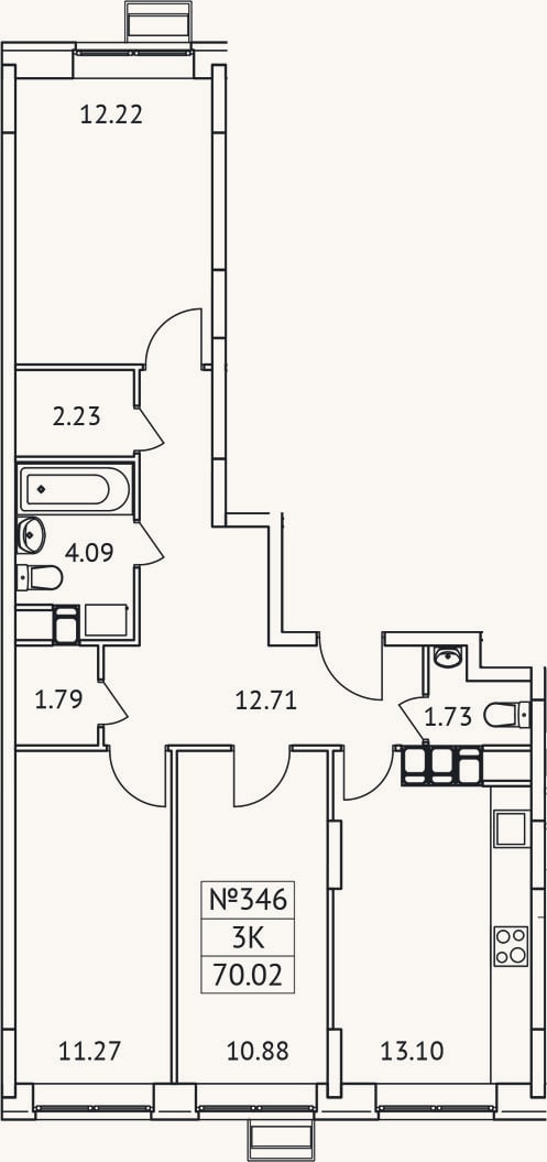 Планировка: 3-к, 70 м²