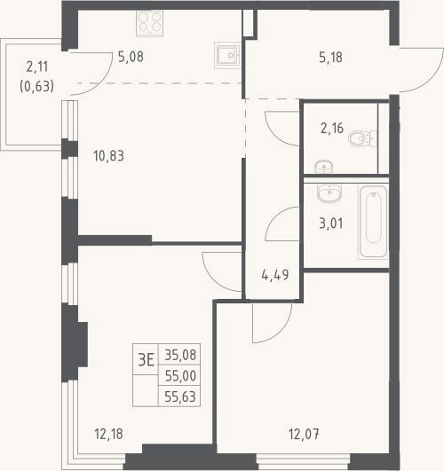 Планировка: 3-к, 55 м²