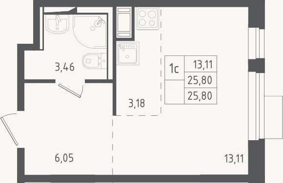 Планировка: Студия, 25,8 м²