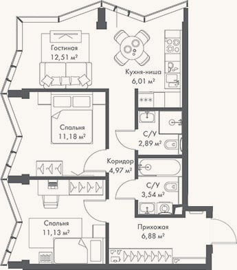 Планировка: 3-к, 59,1 м²