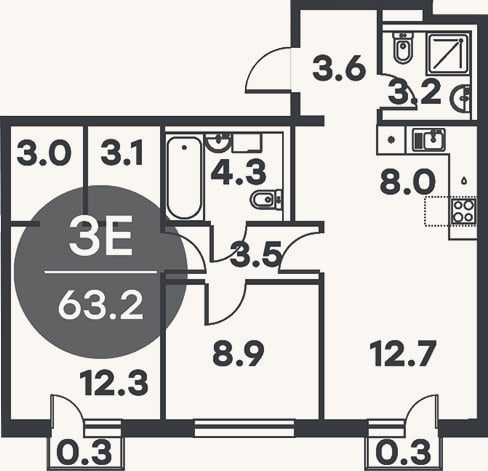 Планировка: 3-к, 62,6 м²