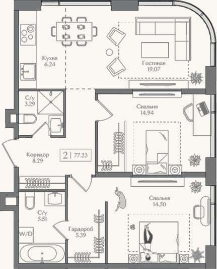 Планировка: 3-к, 77,2 м²