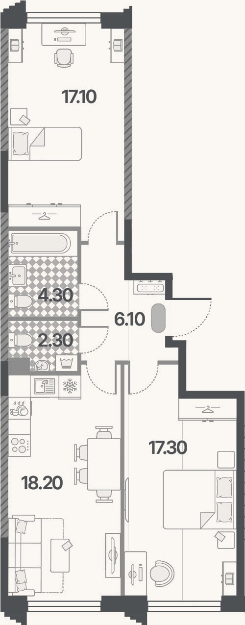 Планировка: 3-к, 65,3 м²