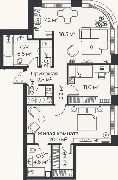 Планировка: 3-к, 83,1 м²