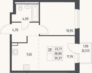 Планировка: 2-к, 38,8 м²