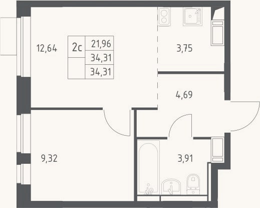 Планировка: 2-к, 34,3 м²