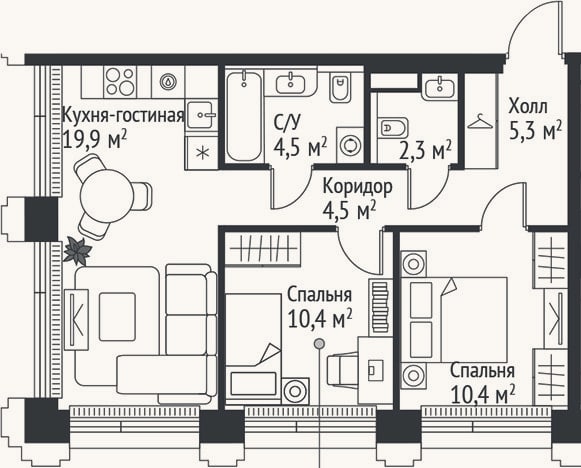 Планировка: 3-к, 57,3 м²