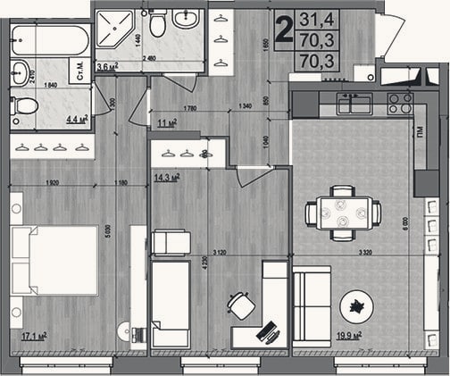Планировка: 3-к, 70,3 м²