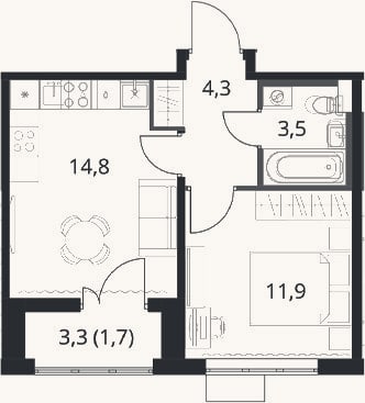Планировка: 1-к, 34,5 м²