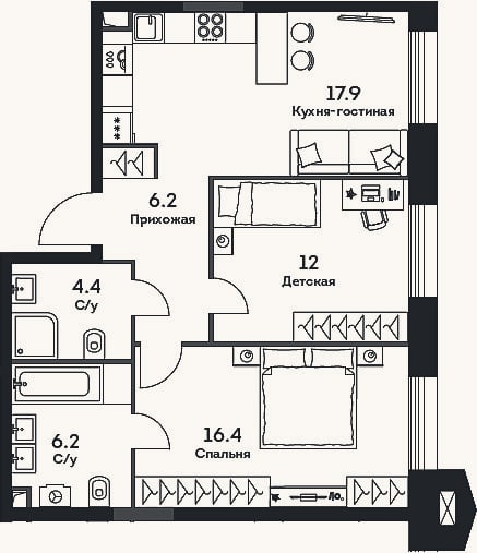 Планировка: 3-к, 63,1 м²