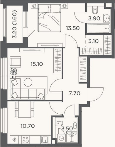 Планировка: 2-к, 57,5 м²