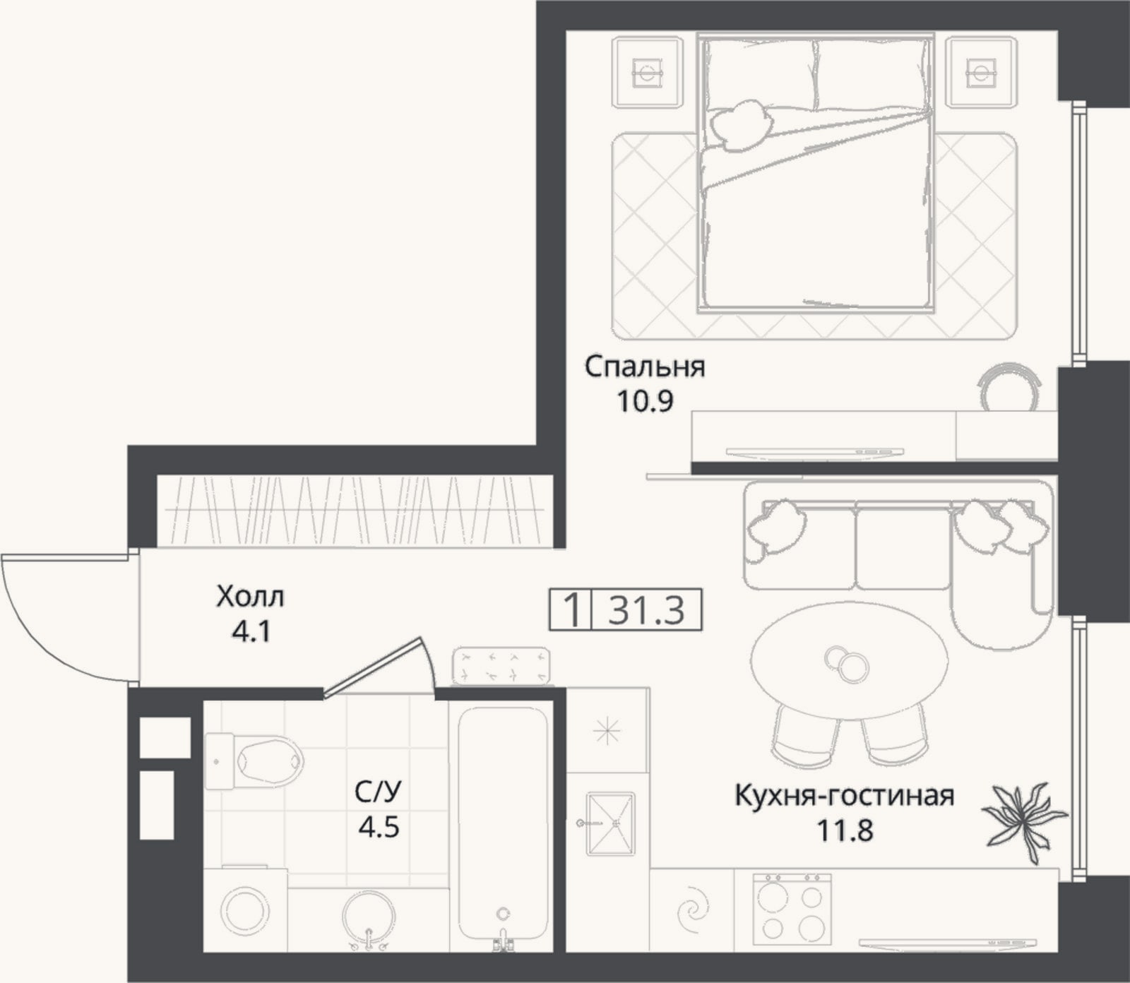 Планировка: 1-к, 31,3 м²