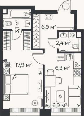 Планировка: 2-к, 43,4 м²