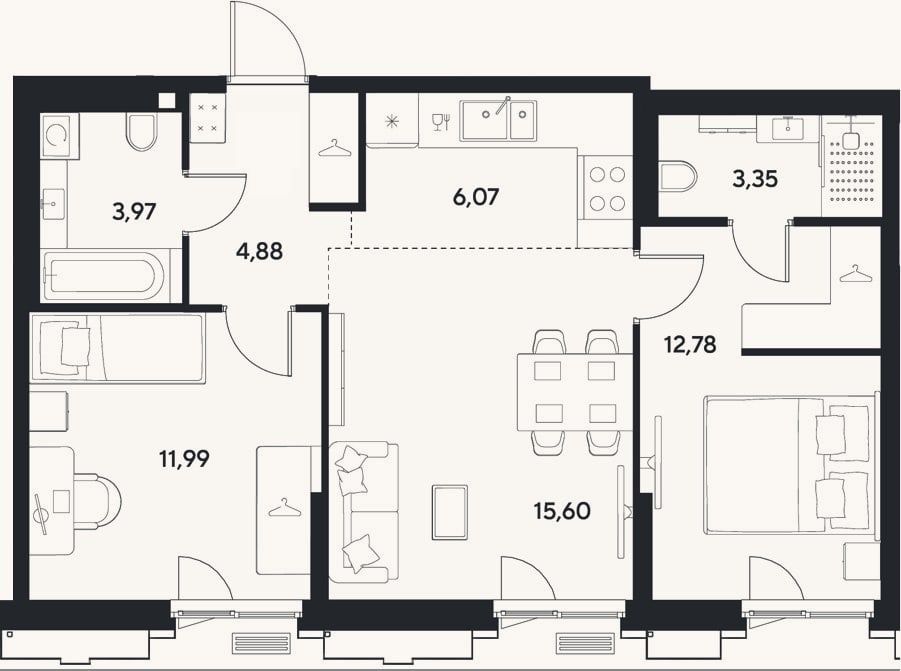 Планировка: 3-к, 58,6 м²