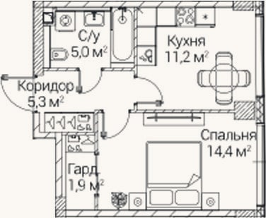 Планировка: 1-к, 37,1 м²