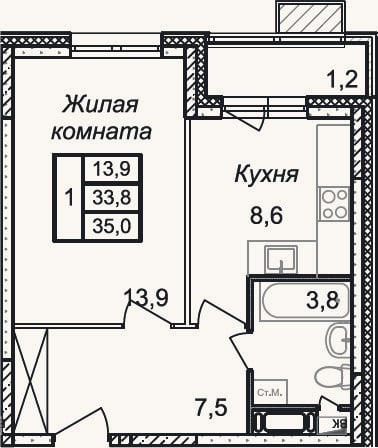 Планировка: 1-к, 33,8 м²
