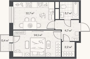 Планировка: 1-к, 37,4 м²