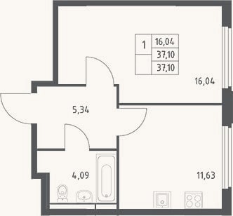 Планировка: 1-к, 37,1 м²