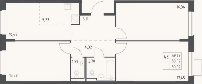Планировка: 4+ к, 80,6 м²