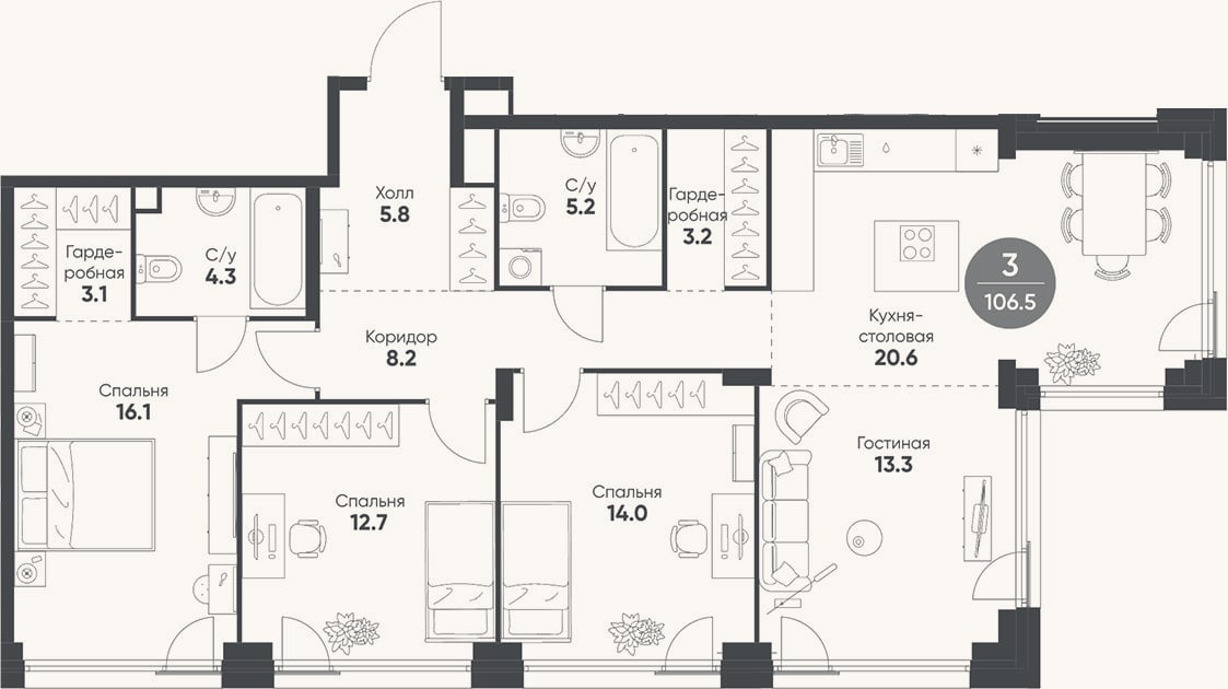 Планировка: 4+ к, 106,5 м²