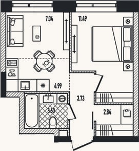 Планировка: 2-к, 33,5 м²