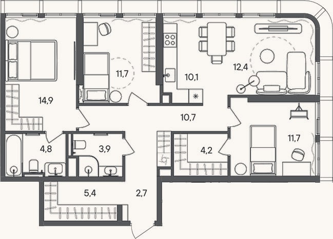 Планировка: 4+ к, 92,5 м²