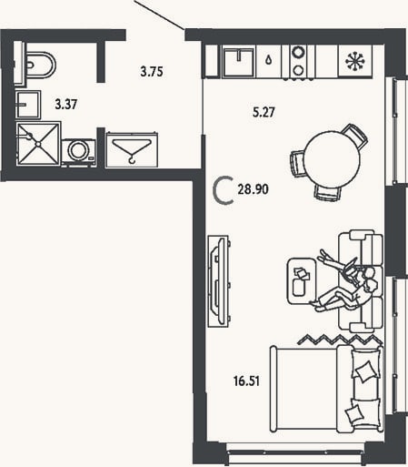 Планировка: Студия, 28,9 м²