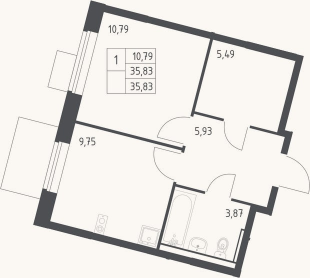 Планировка: 1-к, 35,8 м²
