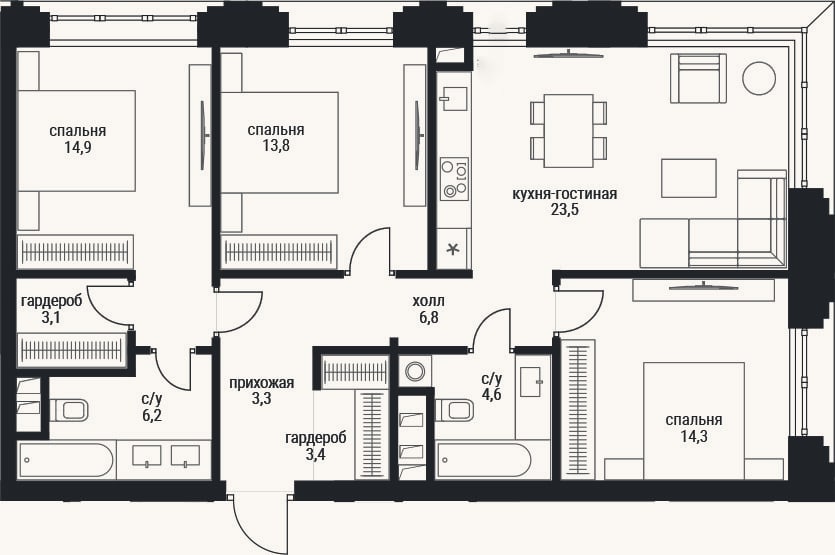 Планировка: 4+ к, 93,9 м²
