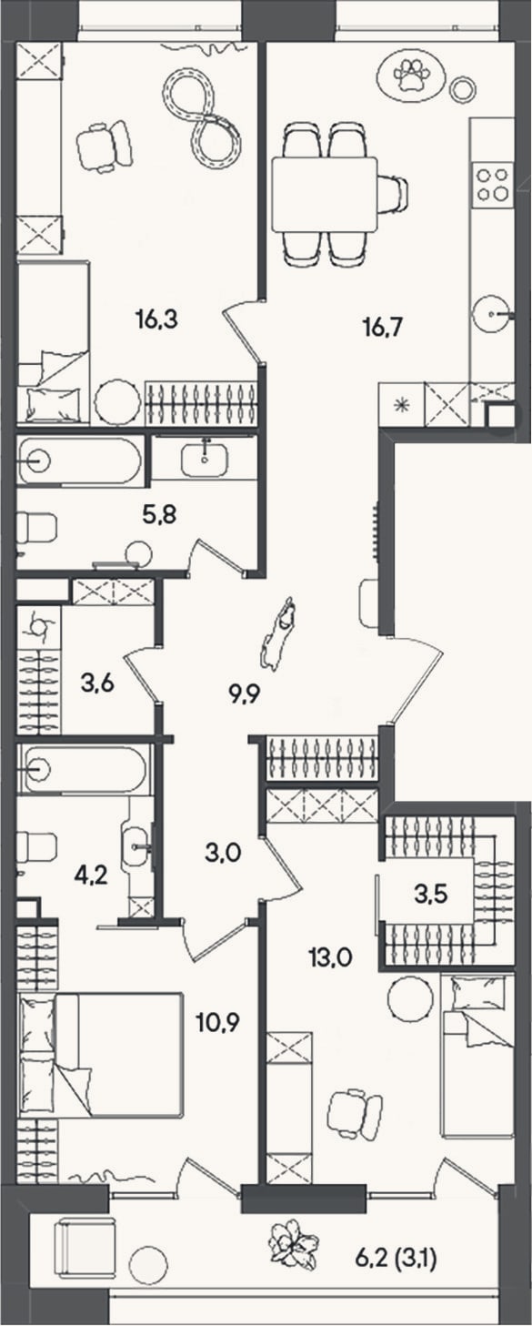 Планировка: 4+ к, 86,9 м²