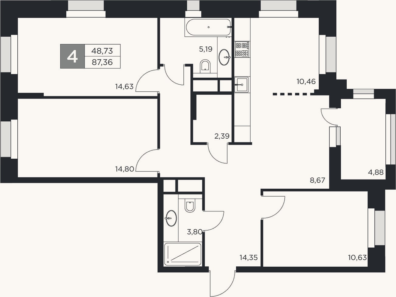 Планировка: 4+ к, 84,9 м²