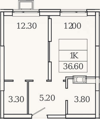 Планировка: 1-к, 36,6 м²