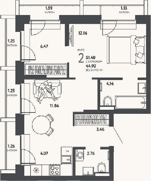 Планировка: 2-к, 44,9 м²