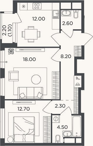 Планировка: 2-к, 60,3 м²