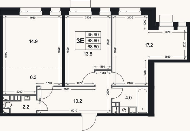 Планировка: 3-к, 68,6 м²