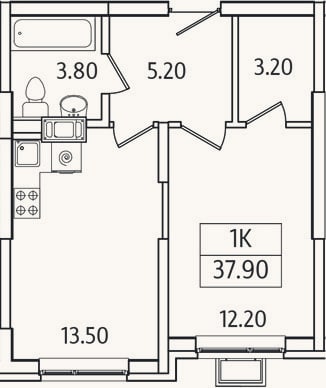 Планировка: 1-к, 37,9 м²