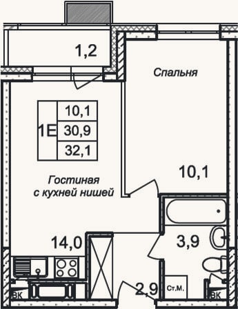 Планировка: 2-к, 30,9 м²