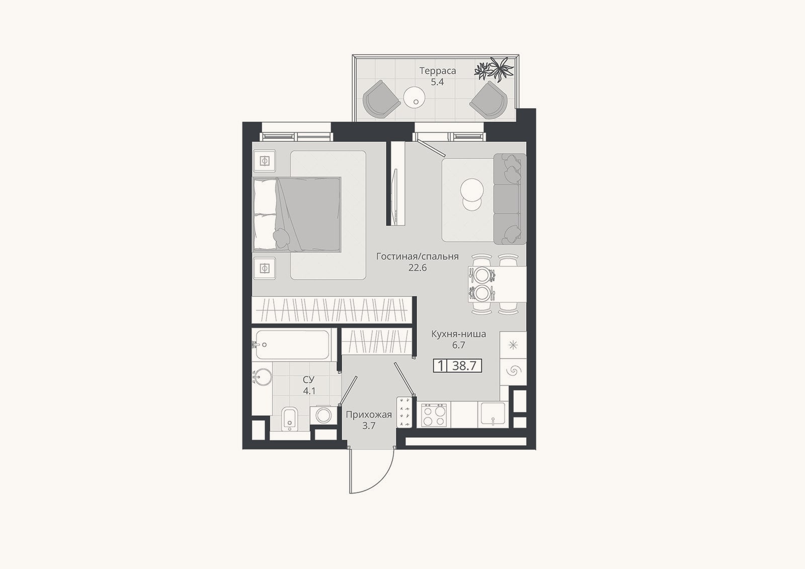 Планировка: 1-к, 37,1 м²
